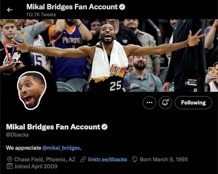 The Dbacks home twitter page for Mikal Bridges Day 9/30/22
